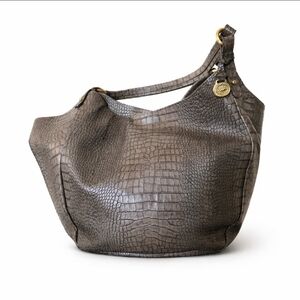 Brahmin Melbourne Anne Hobo Shoulder Bag Croc Embossed Leather Gray Taupe